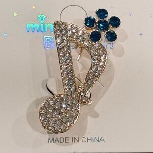 NWT Mint Rhinestone Music Note & Flower Brooch Pin Blue